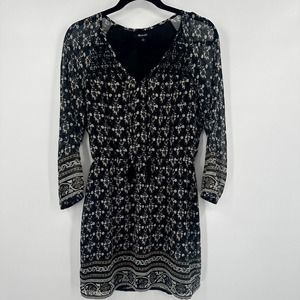 Madewell Mini Dress‎ Women's 2 Black Floral Tasseled Long Sleeve V Neck Pullover
